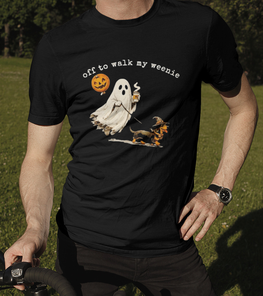 Ghost Walking With Pumpkin Balloon And Dachshund Halloween Fun T-Shirt