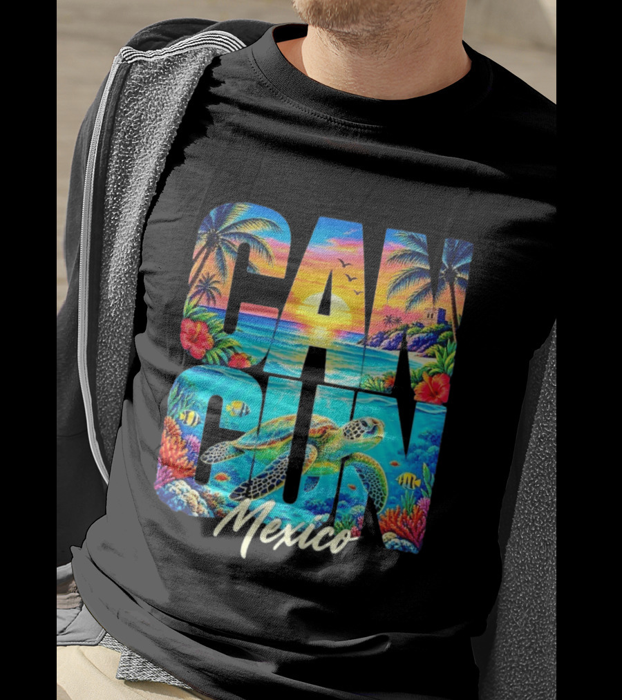 Cancun Mexico Tropical Sea Turtle Sunset Palm Trees Ocean Scene T-Shirt