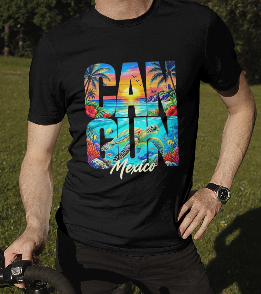 Cancun Mexico Tropical Sea Turtle Sunset Palm Trees Ocean Scene T-Shirt