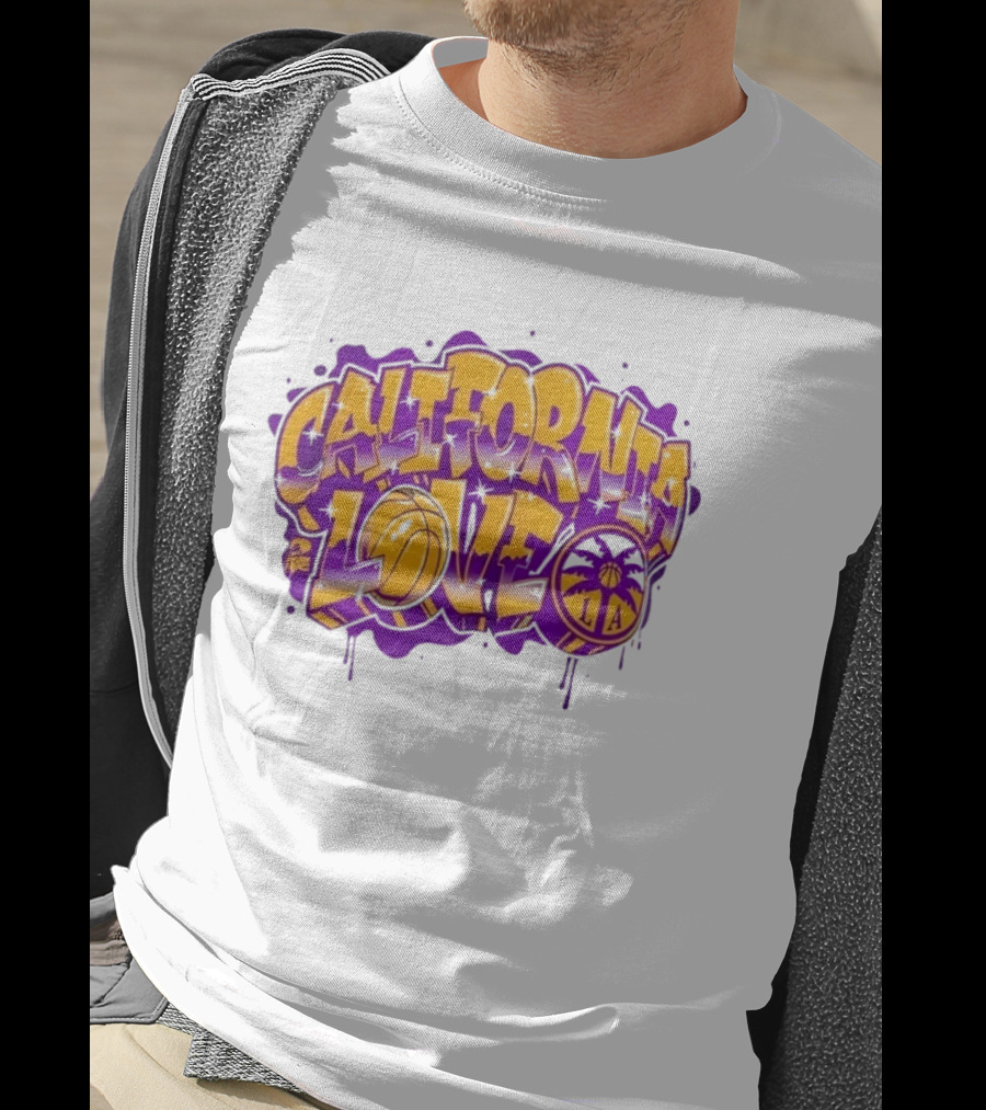 California Love Los Angeles Basketball LA Graffiti Style With Palm Trees And Purple Basketball T-Shirt