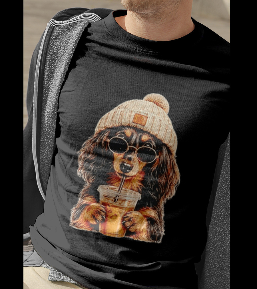 Dachshund Beanie Sunglasses Iced Coffee Trendy Dog Fashion T-Shirt