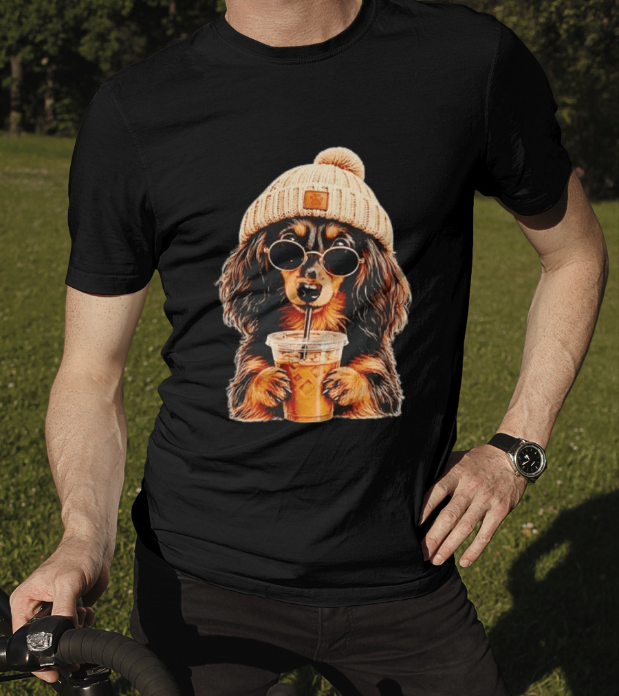 Dachshund Beanie Sunglasses Iced Coffee Trendy Dog Fashion T-Shirt