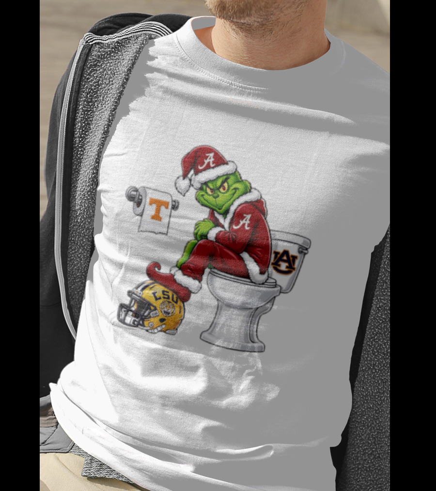 Alabama Crimson Tide Santa Grinch Sitting Auburn Toilet LSU Helmet Christmas T-Shirt