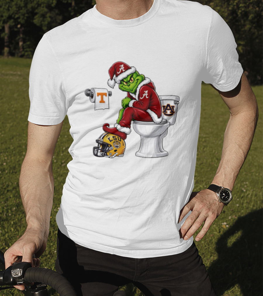 Alabama Crimson Tide Santa Grinch Sitting Auburn Toilet LSU Helmet Christmas T-Shirt