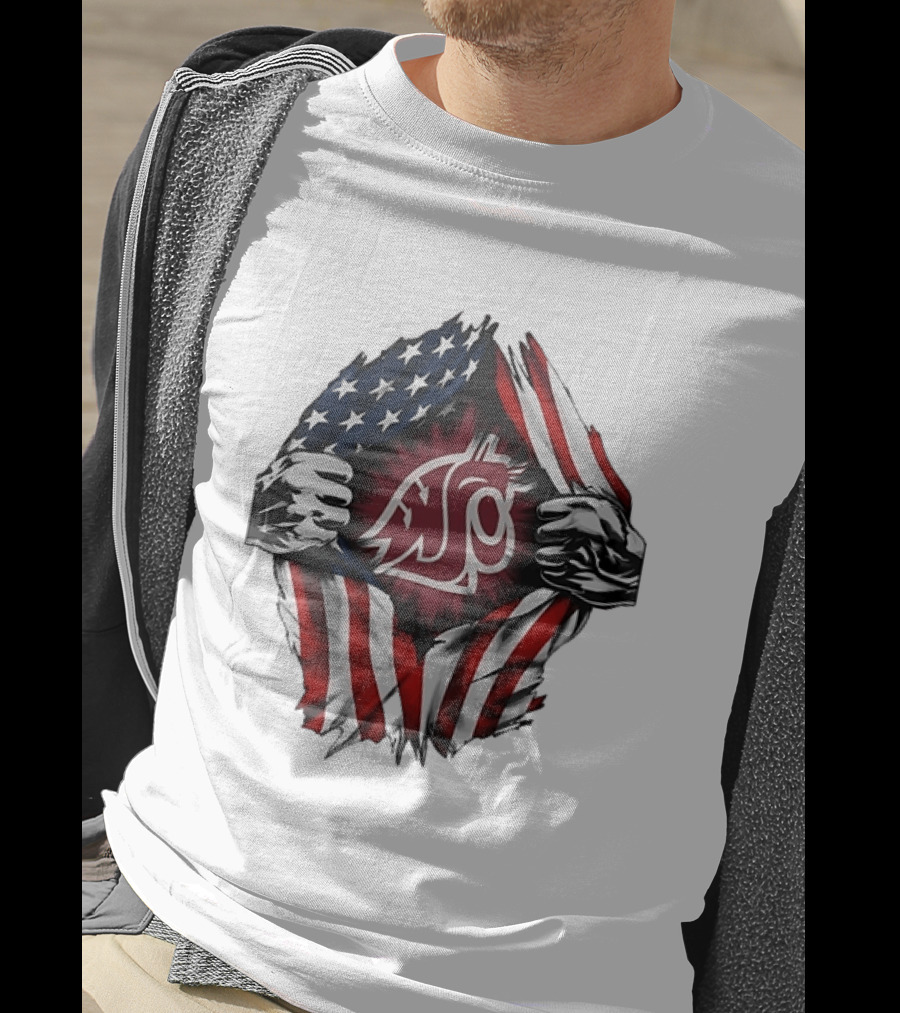 Washington State University Cougars American Flag Ripped Chest T-Shirt