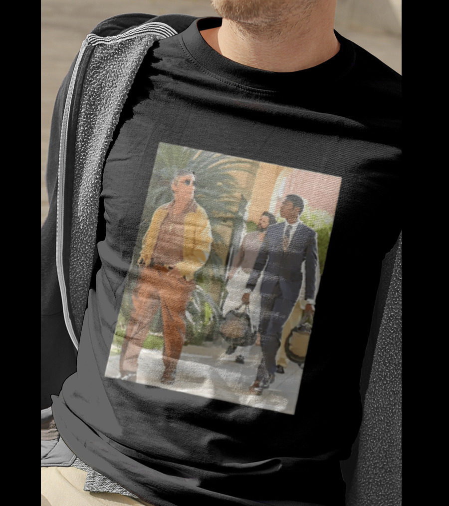 Men In Stylish Outfits Walking Outdoors With Bags T-Shirt