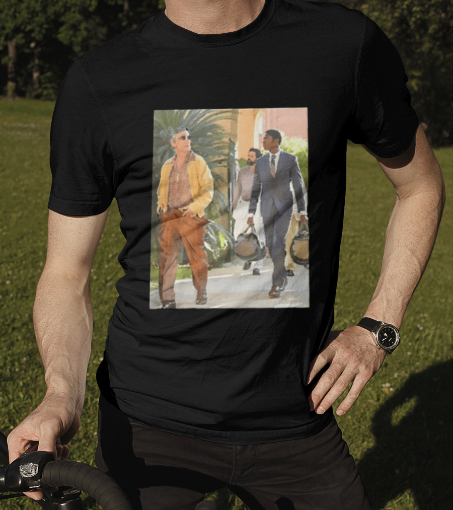 Men In Stylish Outfits Walking Outdoors With Bags T-Shirt