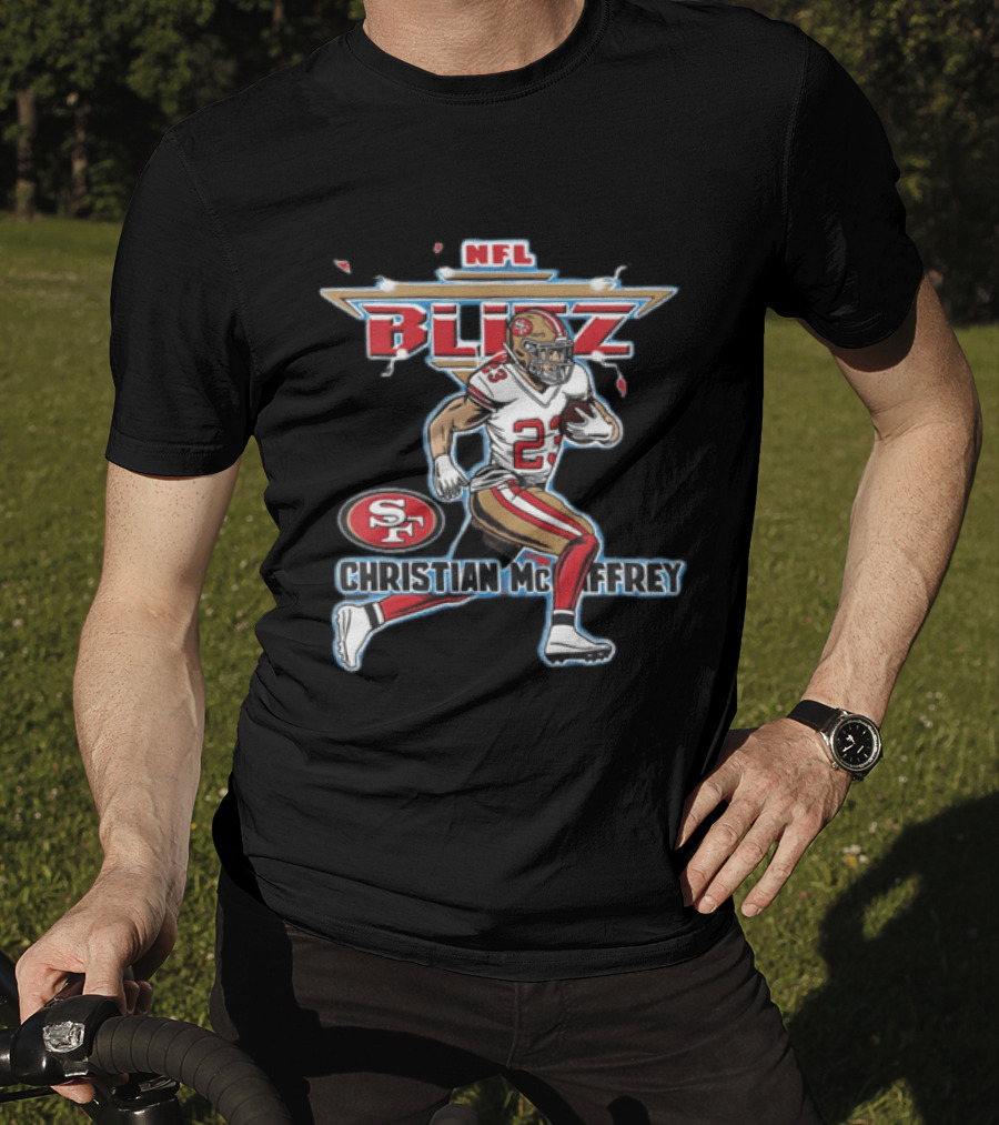 NFL Blitz 23 Christian McCaffrey San Francisco 49ers Football Player Running With Ball T-Shirt