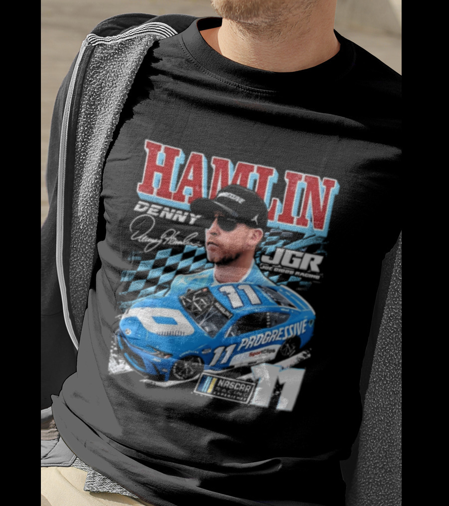 Denny Hamlin Joe Gibbs Racing NASCAR Progressive 11 Racer With Signature And Sunglasses T-Shirt