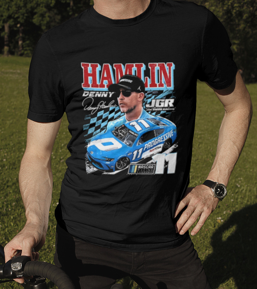 Denny Hamlin Joe Gibbs Racing NASCAR Progressive 11 Racer With Signature And Sunglasses T-Shirt