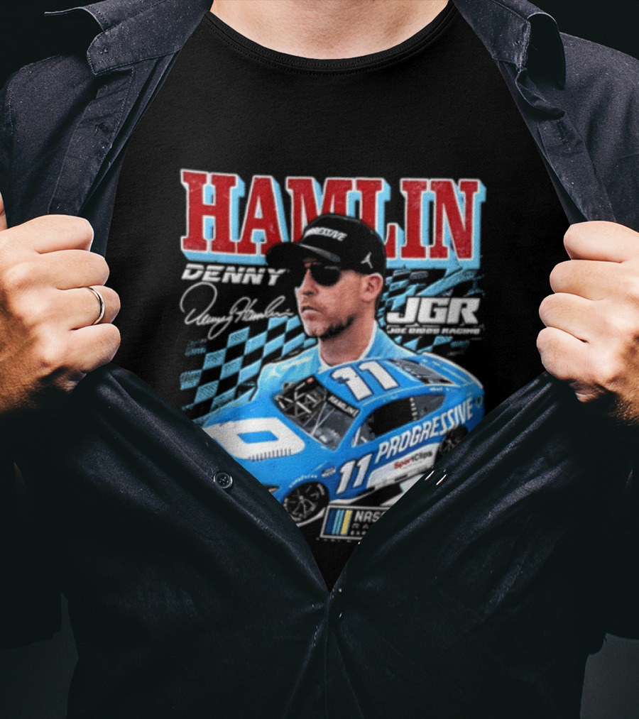 Denny Hamlin Joe Gibbs Racing NASCAR Progressive 11 Racer With Signature And Sunglasses T-Shirt