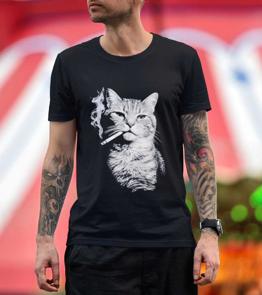 Tabby Cat Smoking Cigarette Animal T-Shirt