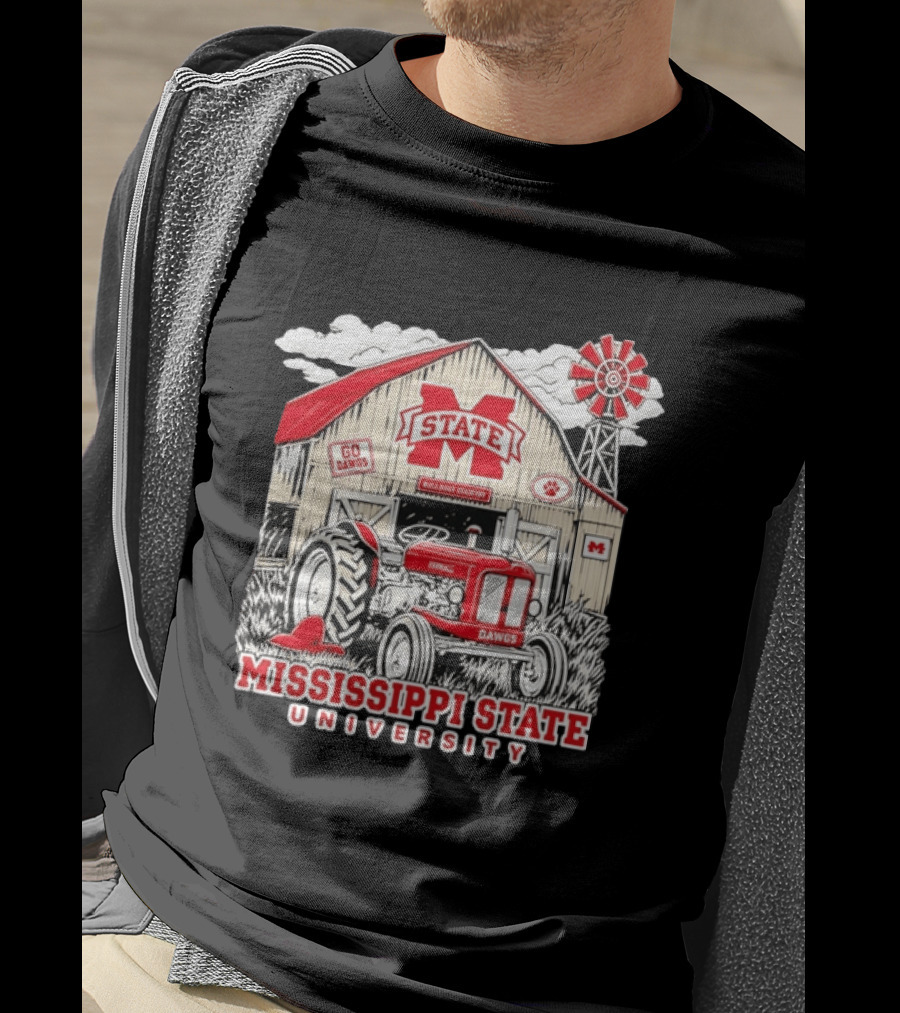 Mississippi State University Bulldogs Country Farmall Tractor Barn With Go Dawgs And Windmill T-Shirt