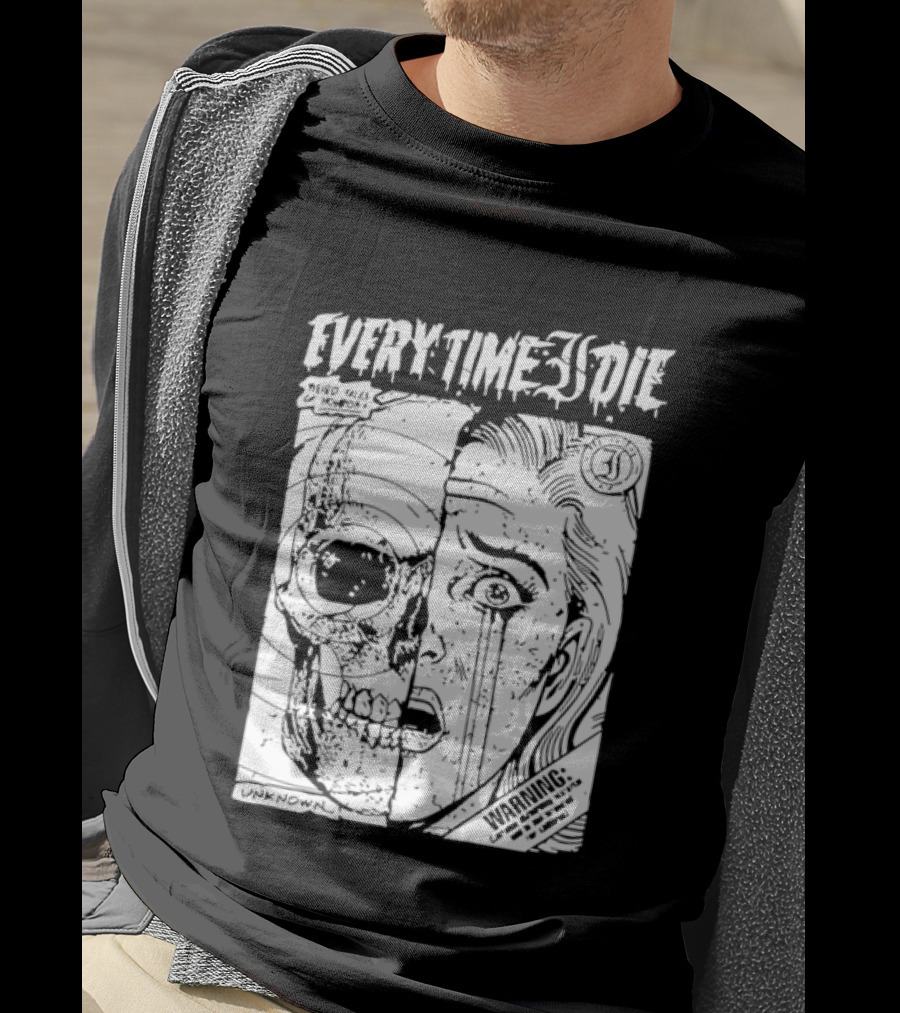 Every Time I Die Weird Tales Horror Warning Skull Face Half Human T-Shirt