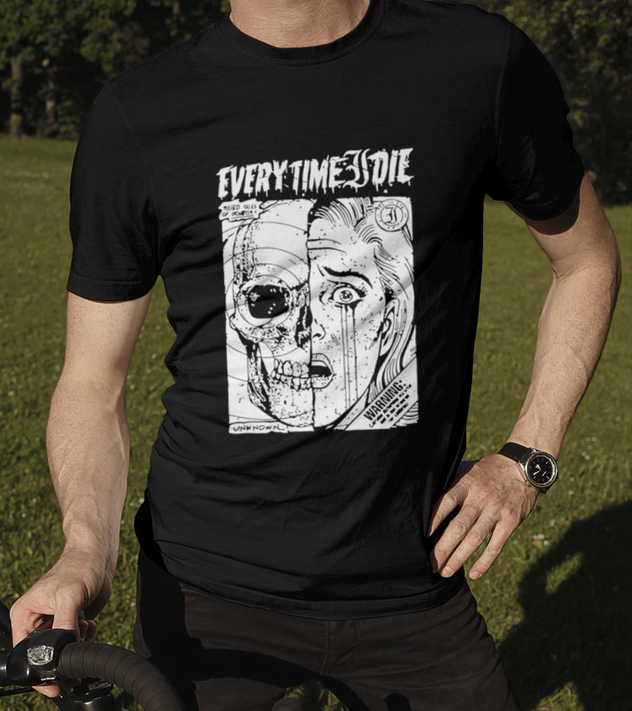 Every Time I Die Weird Tales Horror Warning Skull Face Half Human T-Shirt