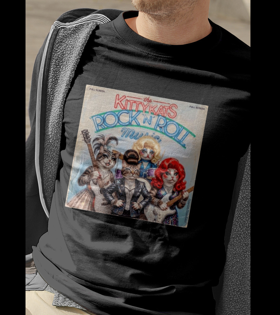 The Kitty Kats Rock 'N' Roll Music Full Screen Vintage Cats With Guitars T-Shirt