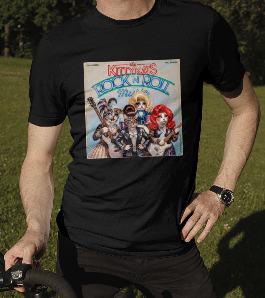 The Kitty Kats Rock 'N' Roll Music Full Screen Vintage Cats With Guitars T-Shirt