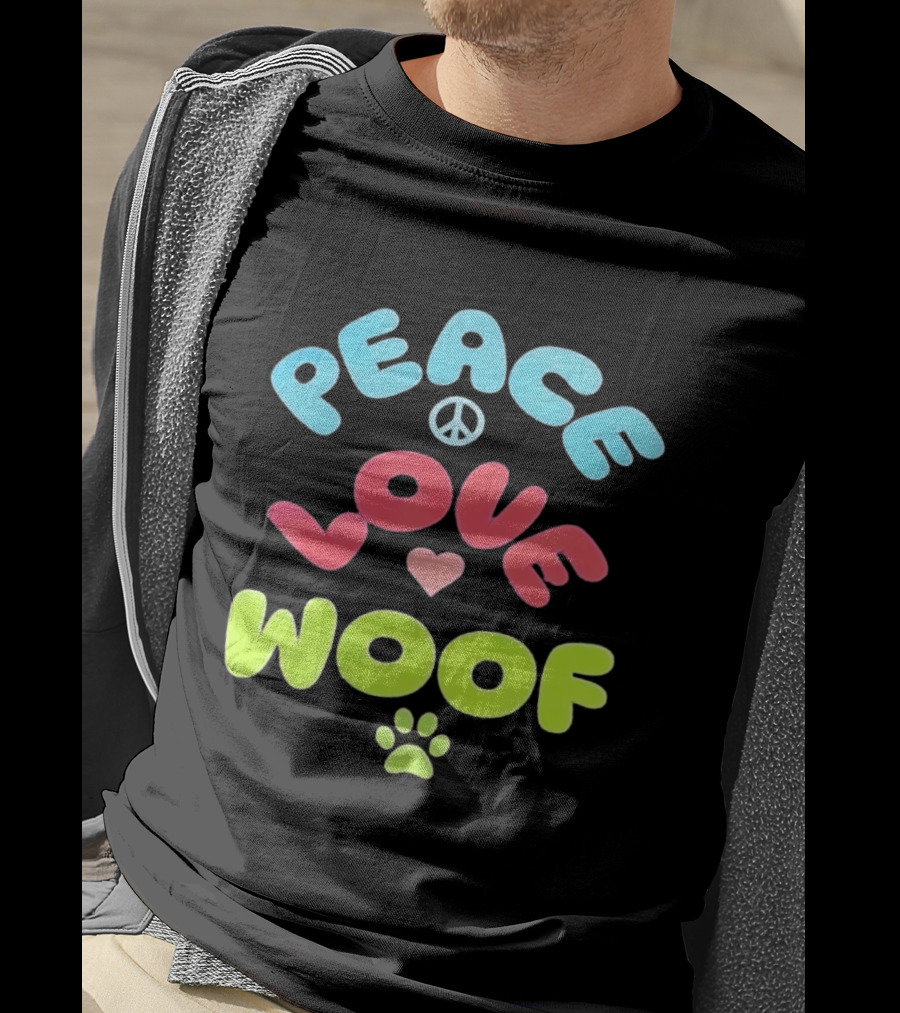 Peace Love Woof Paw Dog Lover Peace Sign Heart T-Shirt