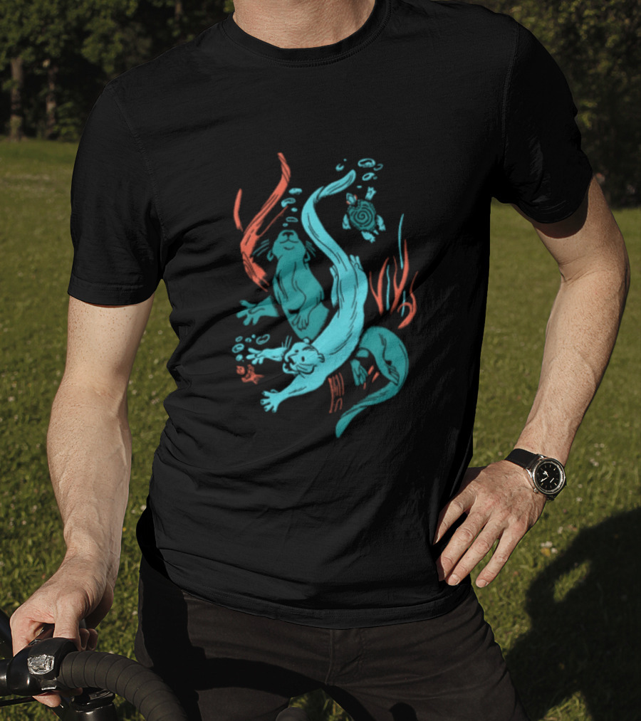 Two Otters Swimming Underwater With Turtle And Seaweed T-Shirt