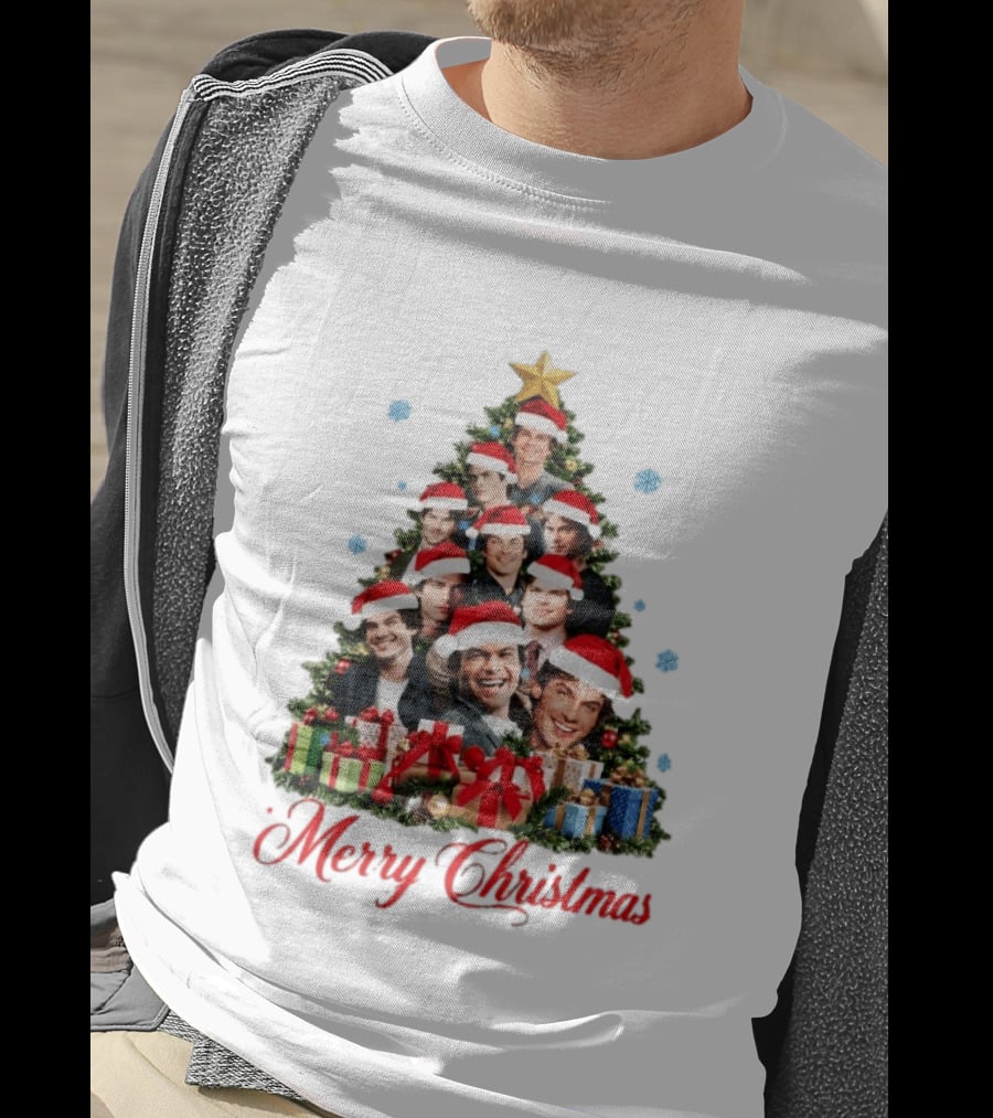 Merry Christmas All I Want For Christmas Is Damon Salvatore Santa Hat Christmas Tree T-Shirt