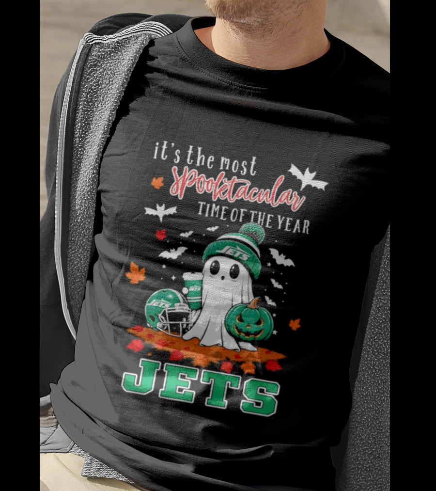 New York Jets Halloween Spooktacular Time Of The Year Football Ghost And Pumpkin T-Shirt