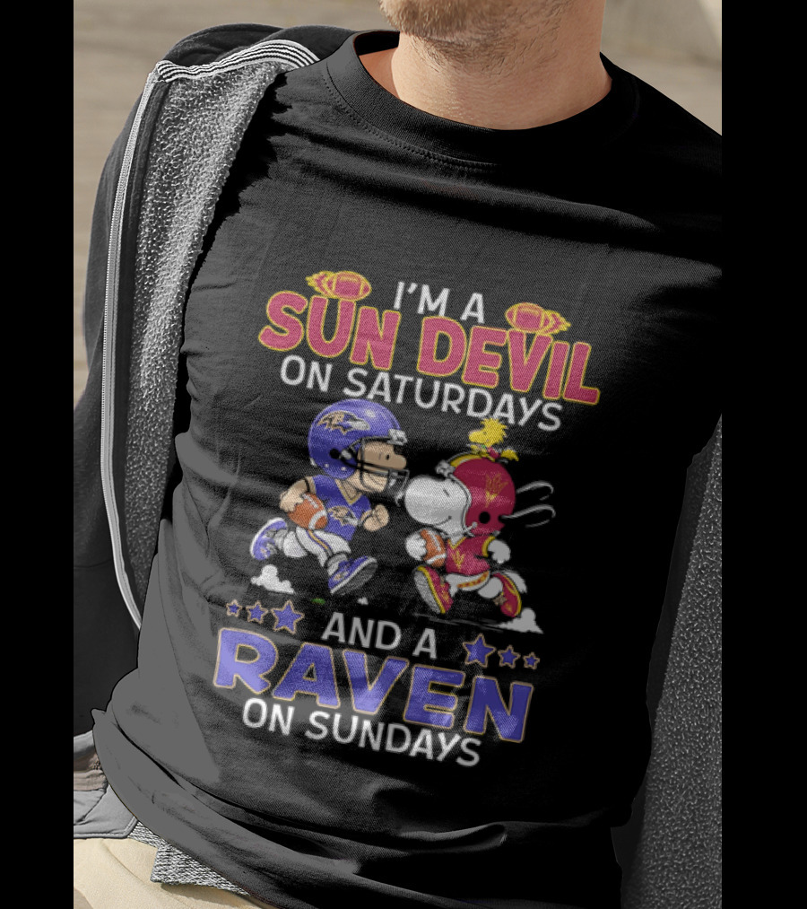 I'm A Sun Devil On Saturdays And A Raven On Sundays Snoopy And Charlie Brown Football T-Shirt