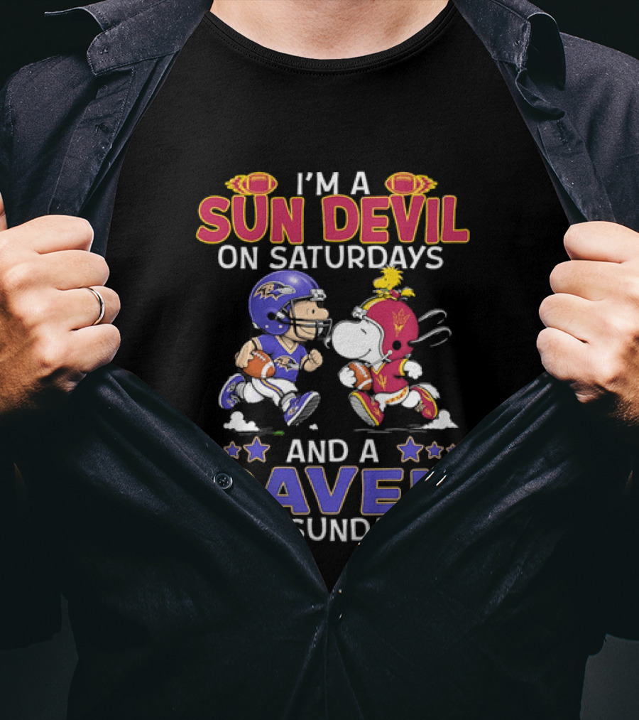 I'm A Sun Devil On Saturdays And A Raven On Sundays Snoopy And Charlie Brown Football T-Shirt