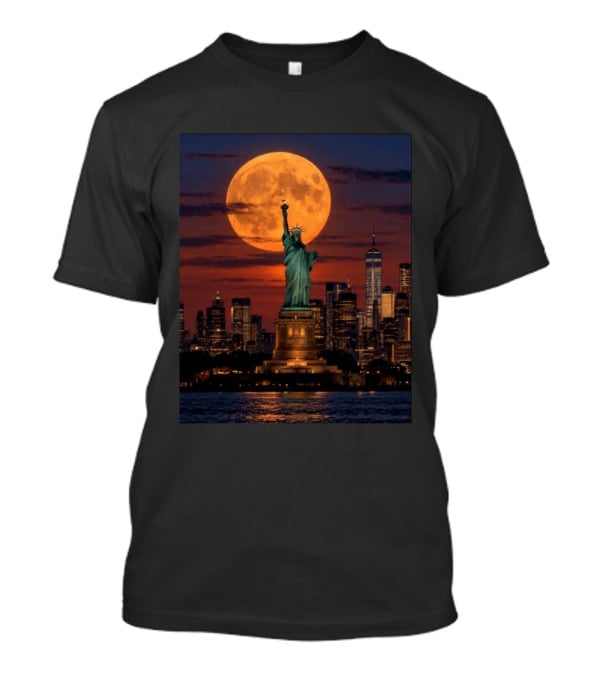 Harvest Moon Over Lady Liberty New York City Skyline September 26 T-Shirt