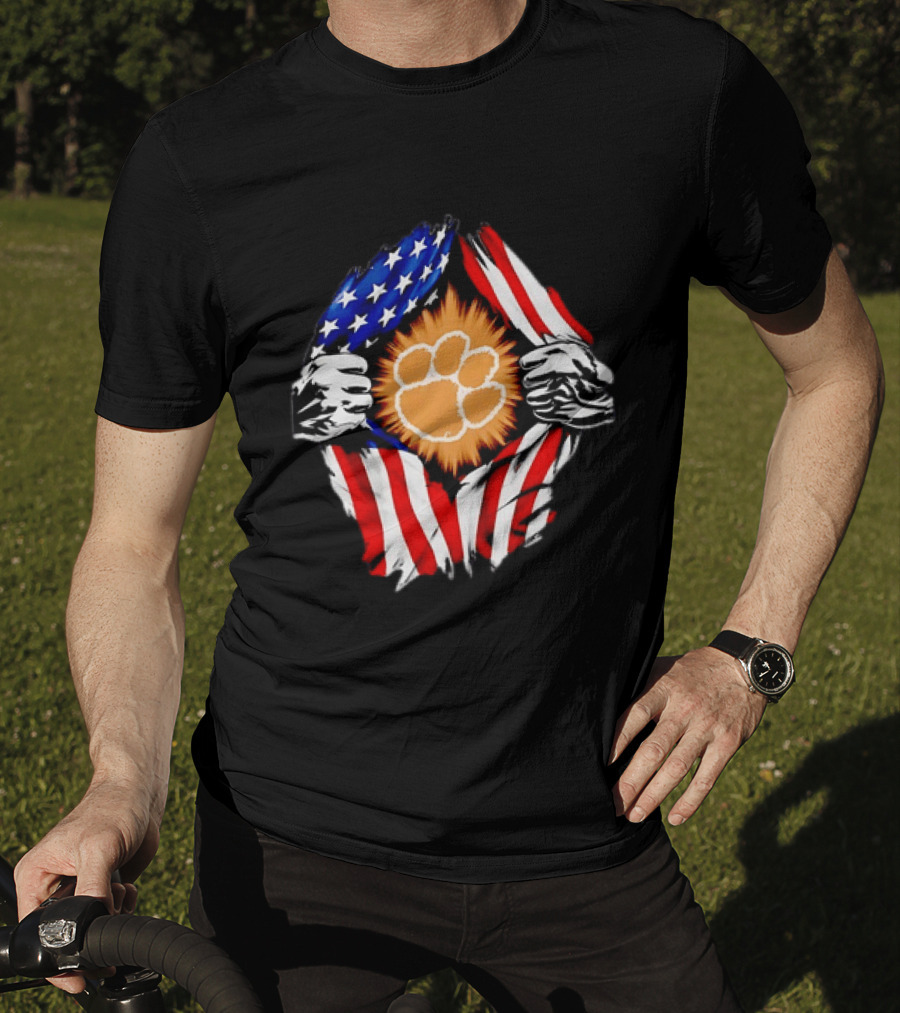 Clemson Tigers Paw Print Ripped American Flag T-Shirt