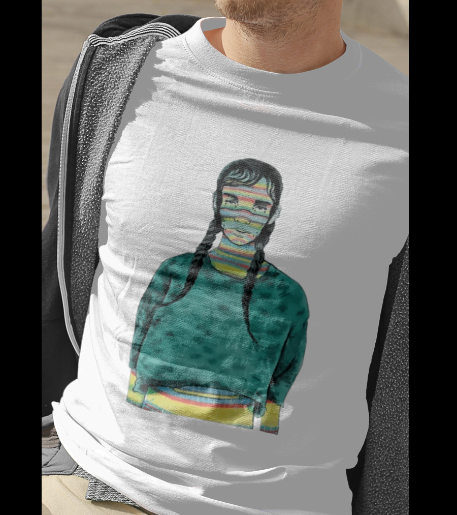 Girl With Braids Colorful Striped Face And Green Sweater T-Shirt
