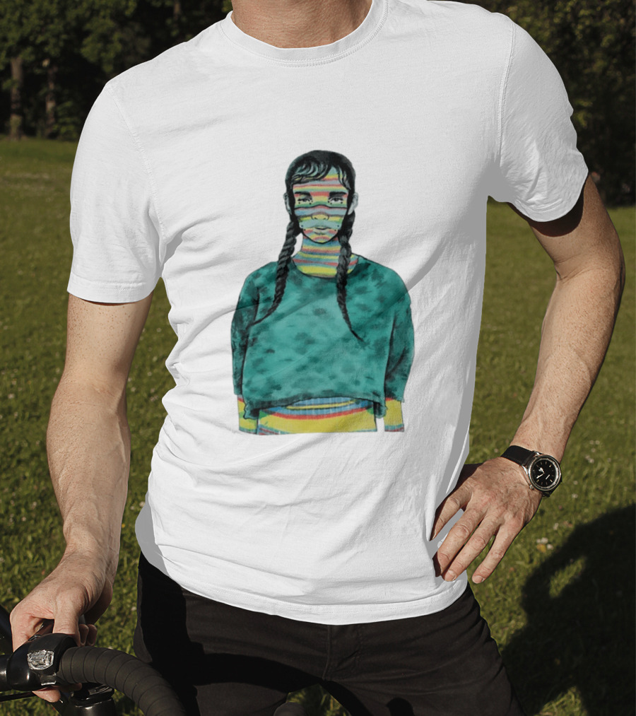 Girl With Braids Colorful Striped Face And Green Sweater T-Shirt