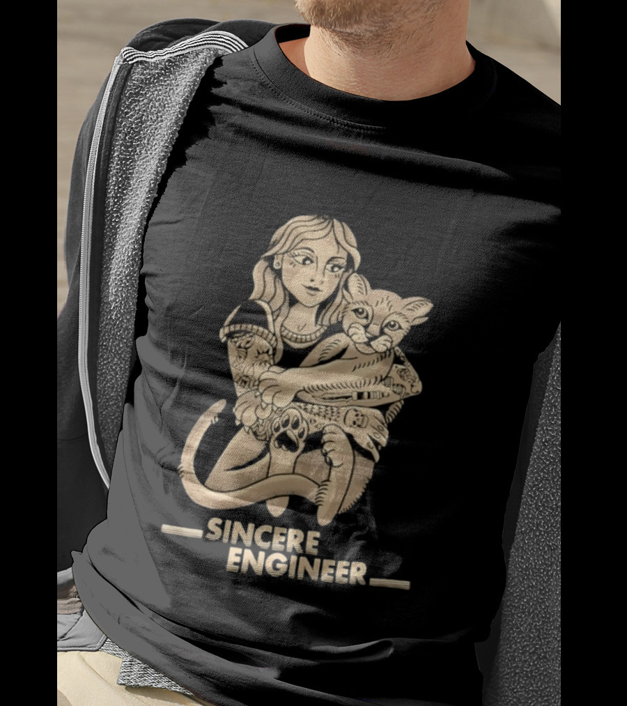 Tattooed Woman Hugging Cat Sincere Engineer T-Shirt