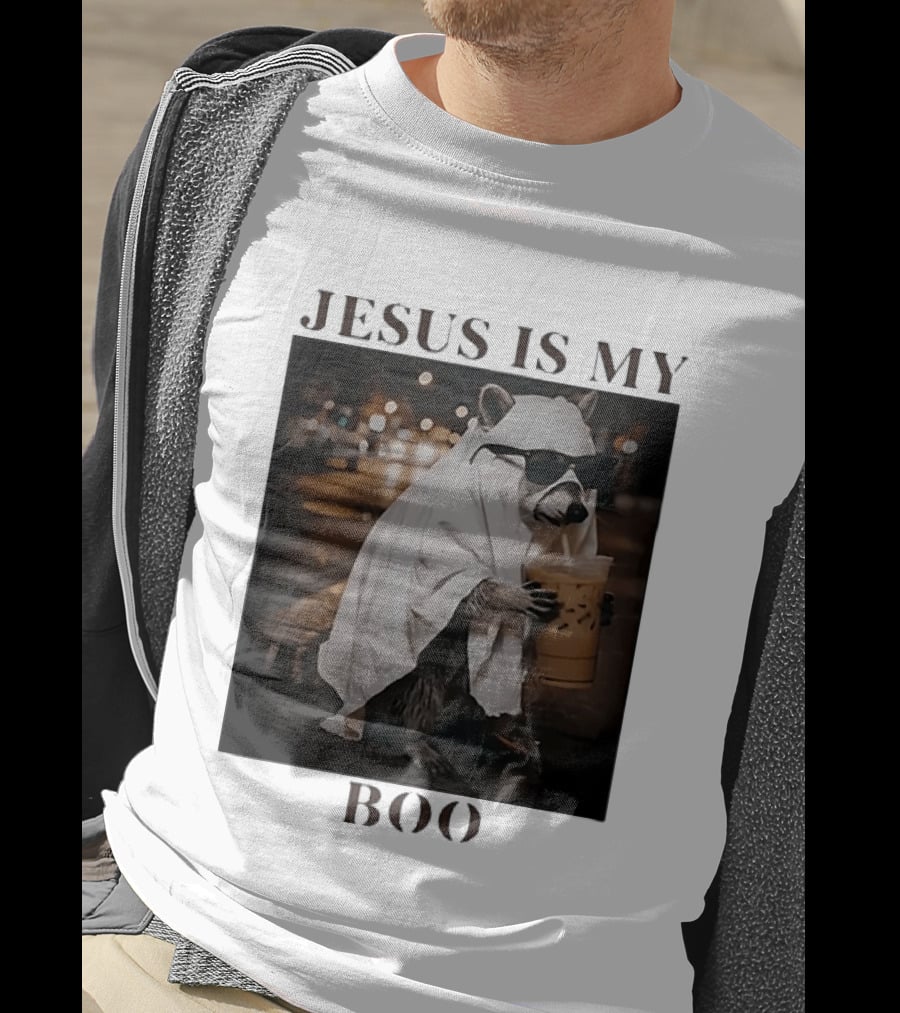 Jesus Is My Boo Raccoon With Iced Coffee And Sunglasses T-Shirt