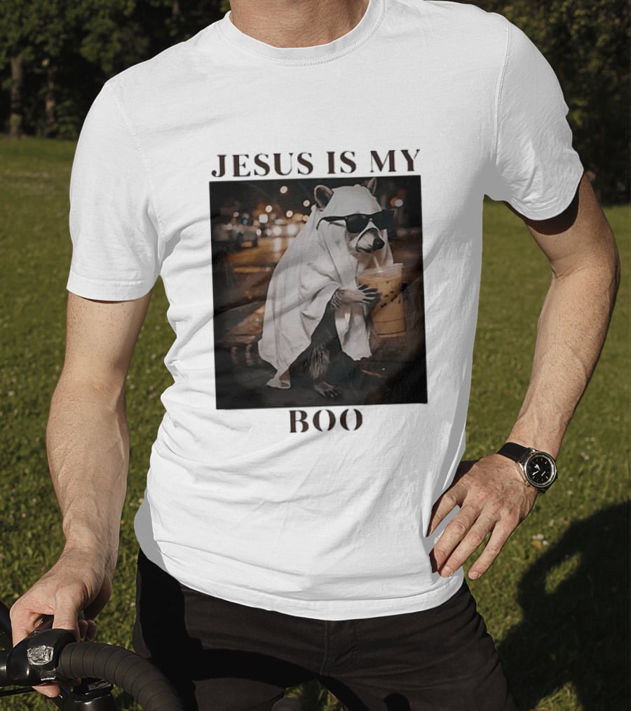 Jesus Is My Boo Raccoon With Iced Coffee And Sunglasses T-Shirt