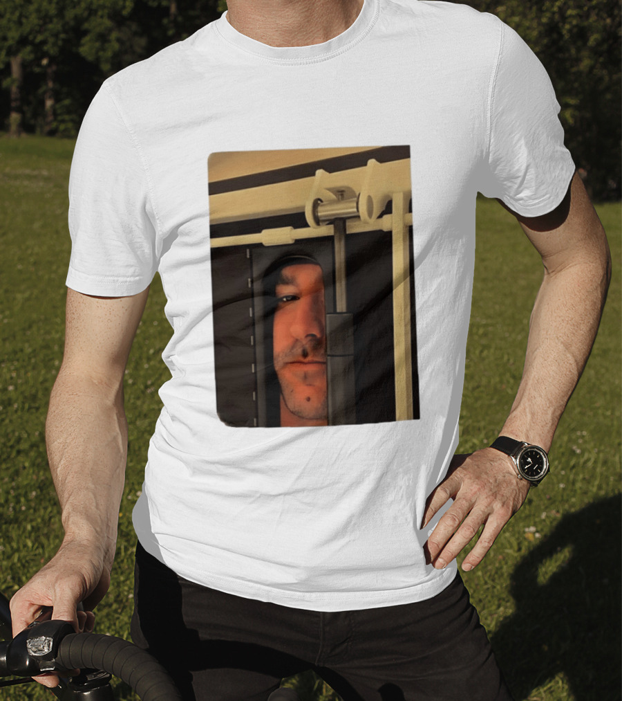 Man Peeking Through Door Face Hidden Observation Doorway T-Shirt