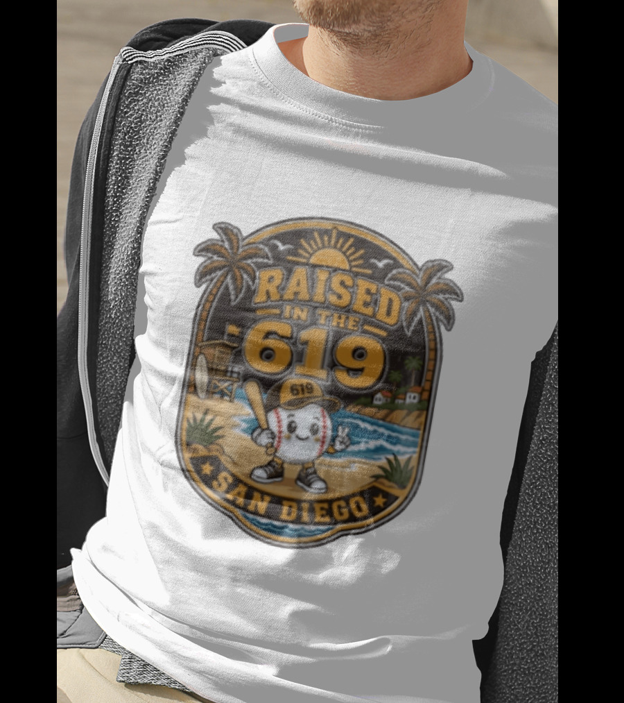 Raised In The 619 Baseball Character San Diego Beach Sunset Palm Trees T-Shirt