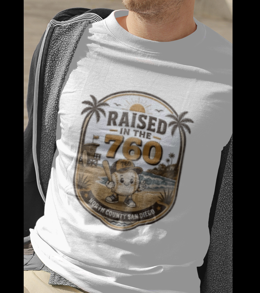 Raised In The 760 North County San Diego Beach Baseball Palms Waves Lifeguard Tower T-Shirt