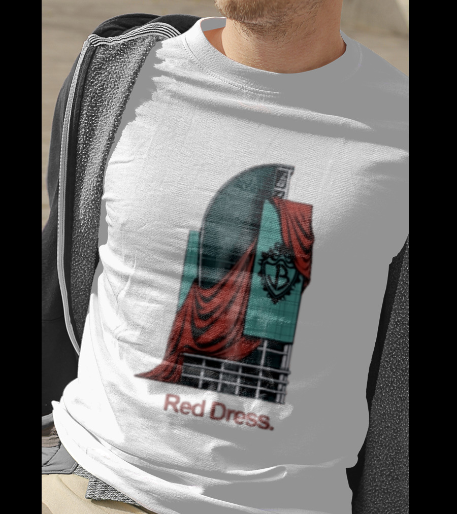 Red Dress Red Drapes Over Modern Skyscraper With Shield T-Shirt