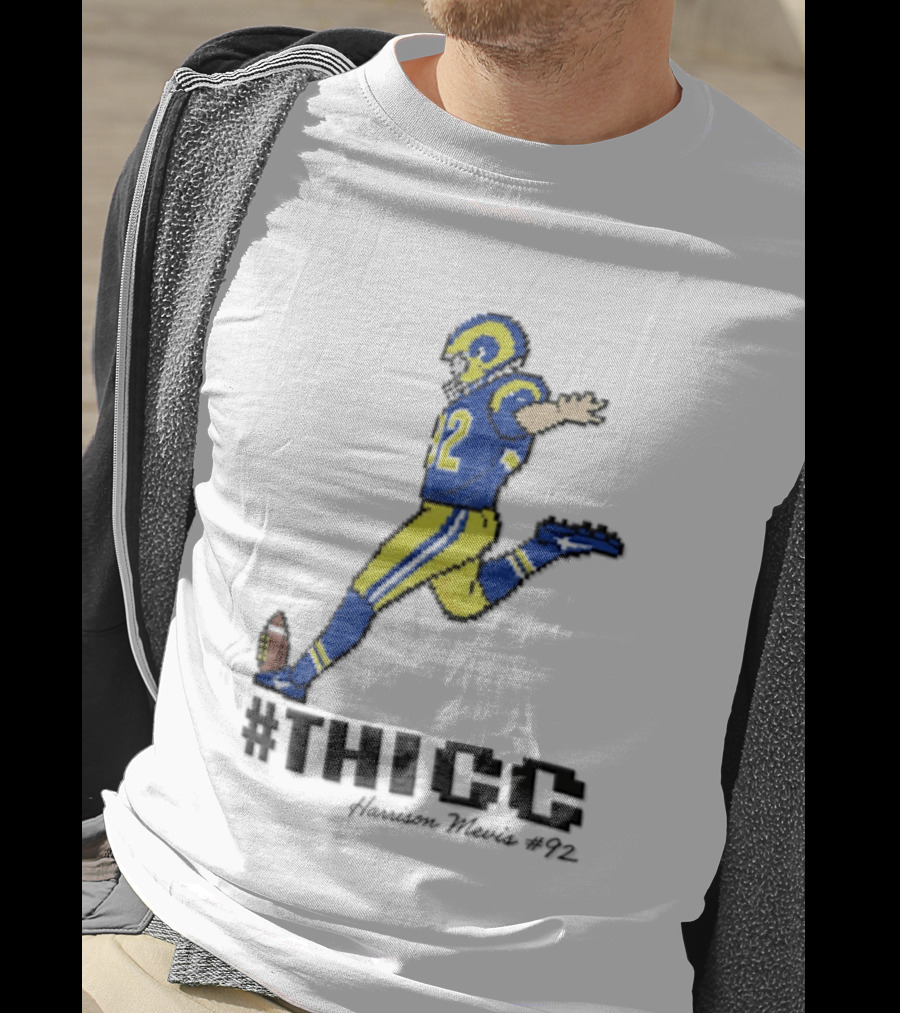 #THICC Harrison Mevis 92 Pixel Football Player In Blue And Yellow Uniform T-Shirt