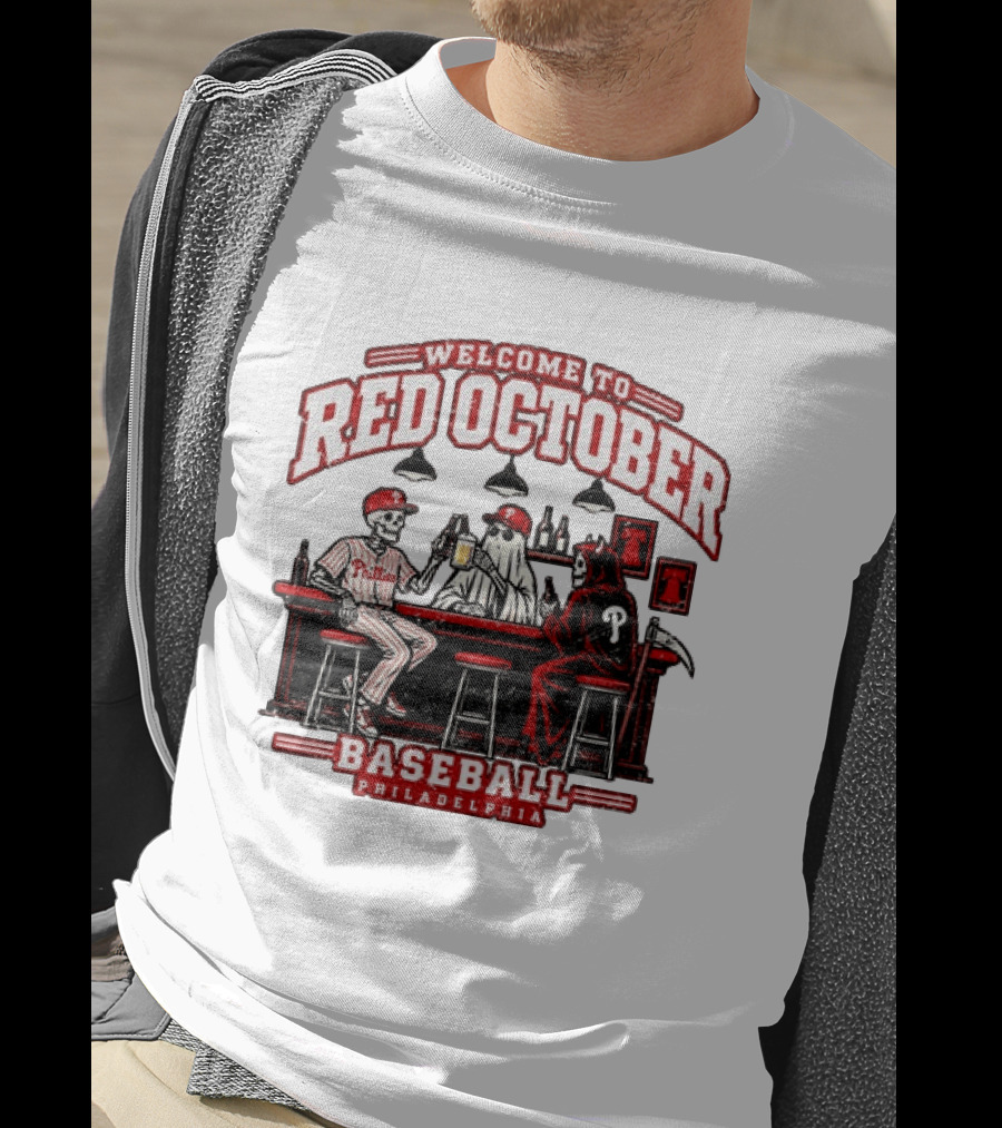 Welcome To Red October Baseball Philadelphia Halloween Skeletons And Ghost At Bar T-Shirt