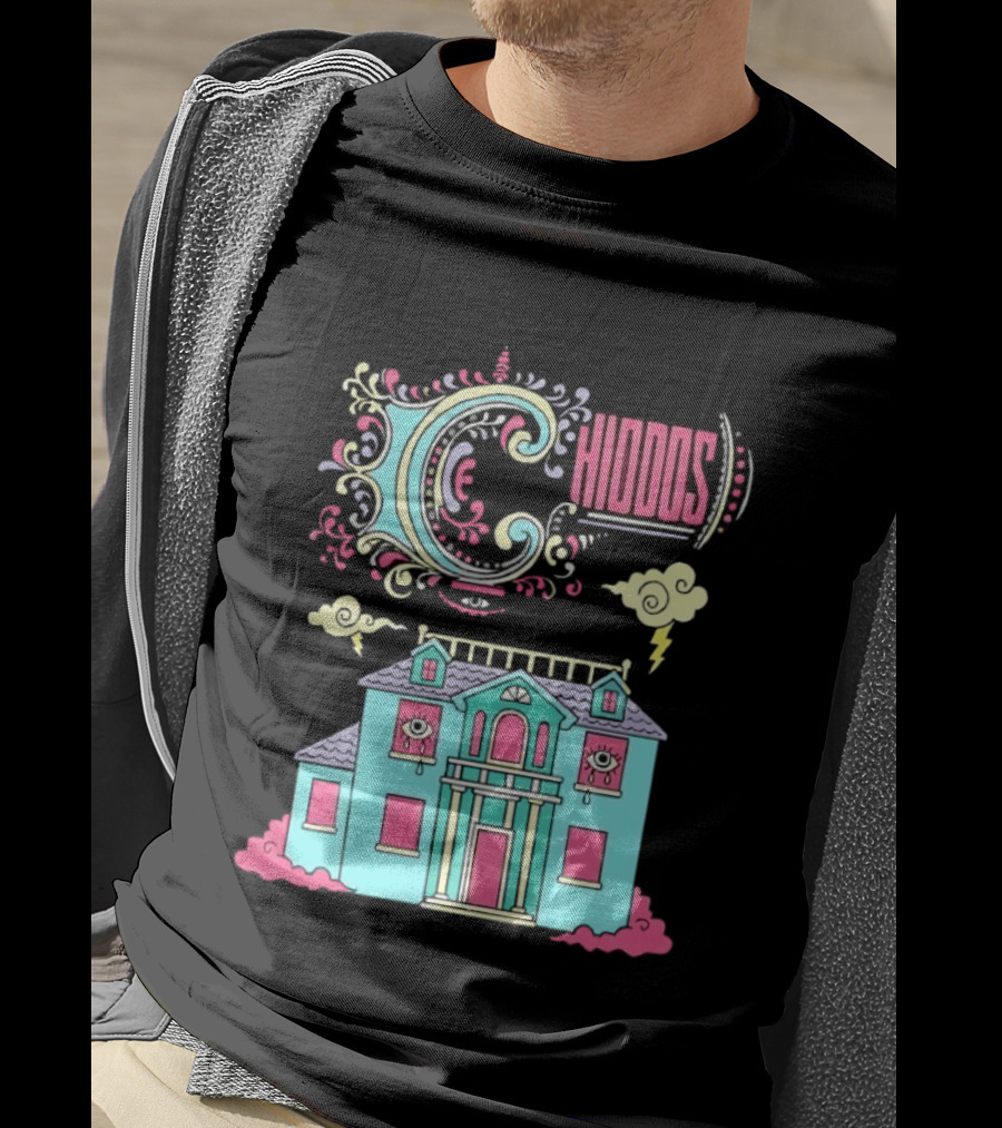 Chiddos House Whimsical Surreal Crying Eyes House Clouds Lightning T-Shirt