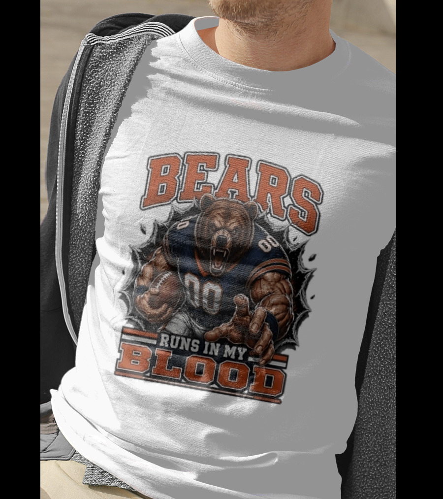Bears Runs In My Blood Football Fierce Bear Holding Ball T-Shirt