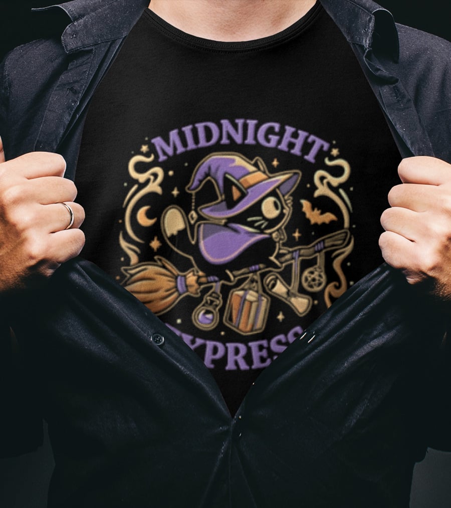 Midnight Express Cat Witch Flying On Broomstick With Potions And Bat T-Shirt