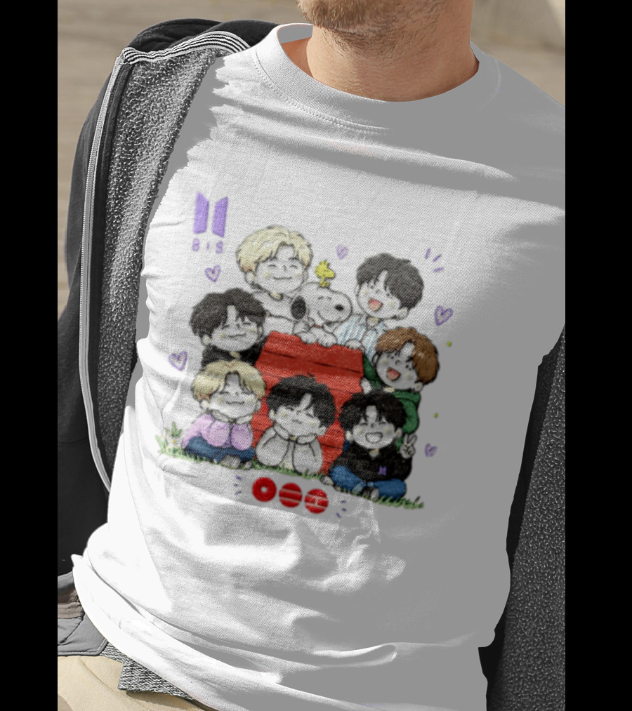 Snoopy Woodstock Peanuts BTS Members Cartoon Illustration Collaboration T-Shirt