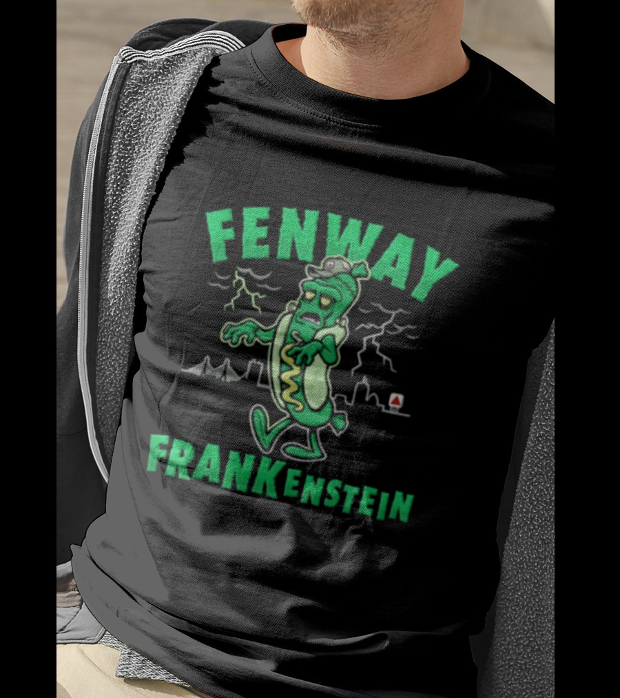 Fenway Frankenstein Halloween Zombie Monster With Lightning And Spooky Skyline T-Shirt