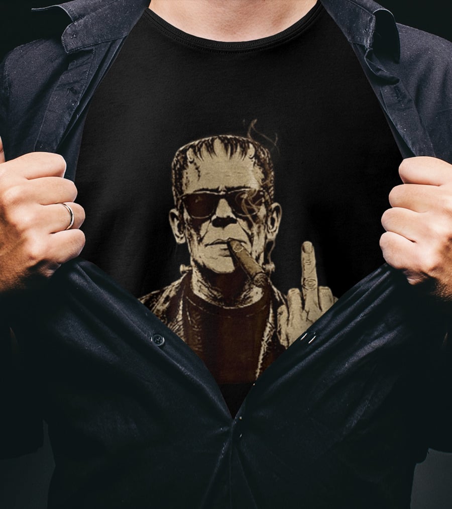 Frankenstein Cigar Middle Finger Smoking Horror Halloween T-Shirt