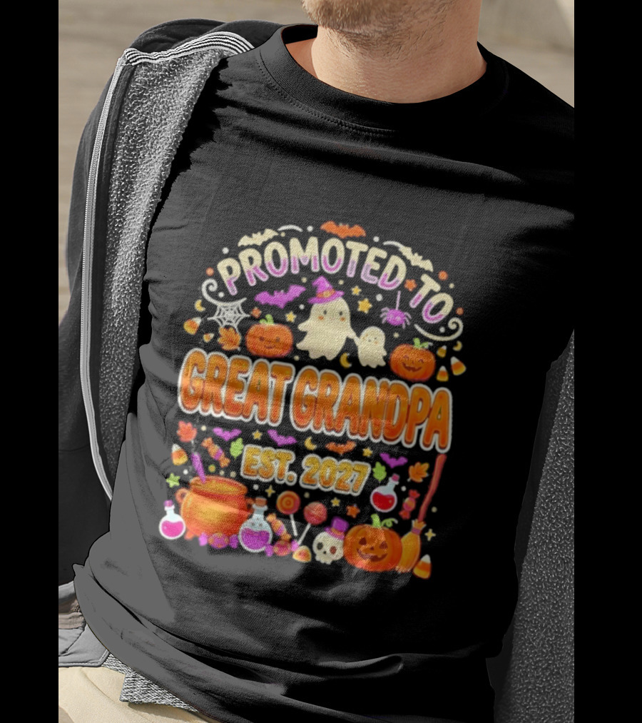 Promoted To Great Grandpa Halloween Pumpkin Est 2027 Ghosts Bats Cauldron T-Shirt