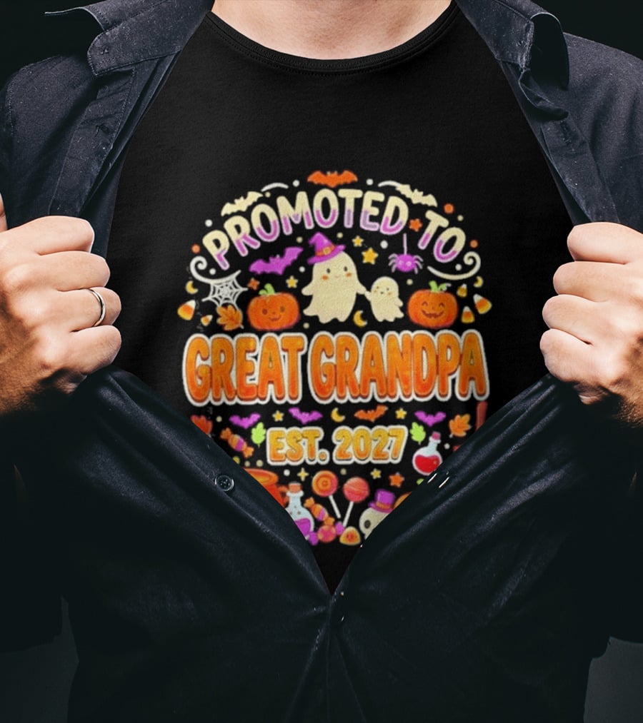 Promoted To Great Grandpa Halloween Pumpkin Est 2027 Ghosts Bats Cauldron T-Shirt