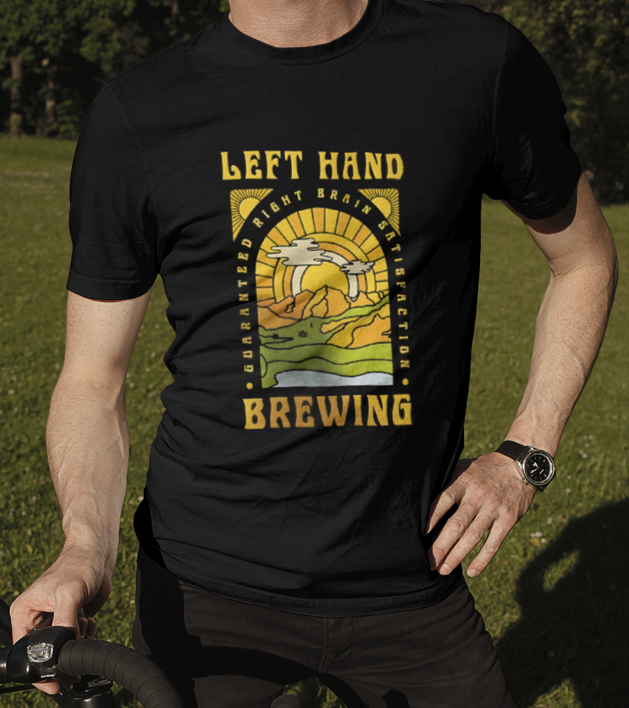 Left Hand Brewing Guaranteed Right Brain Satisfaction Sunburst River Landscape T-Shirt