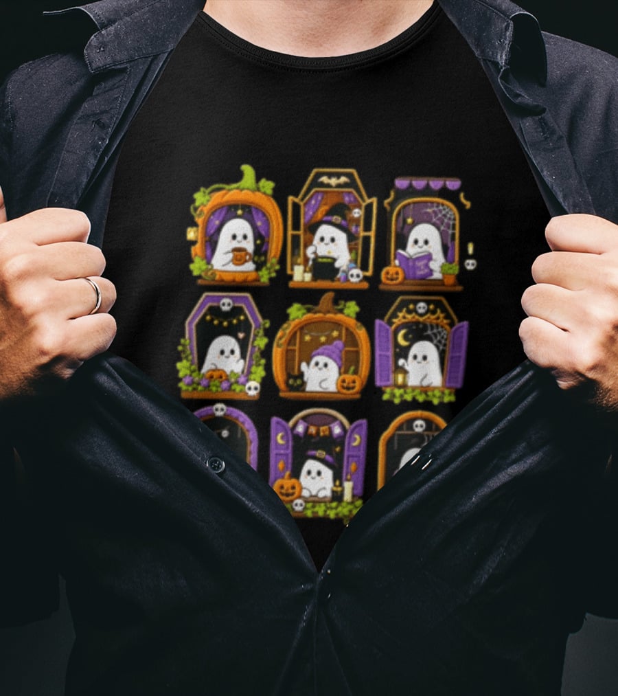 Halloween Ghost Pumpkin Witch Doors Autumn Scenes T-Shirt